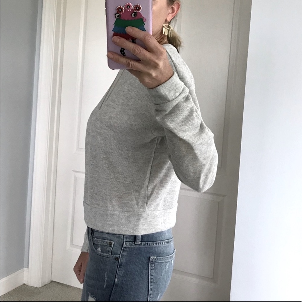 Grey Cropped, Ruched Sleeve Top - Picture 6 of 6